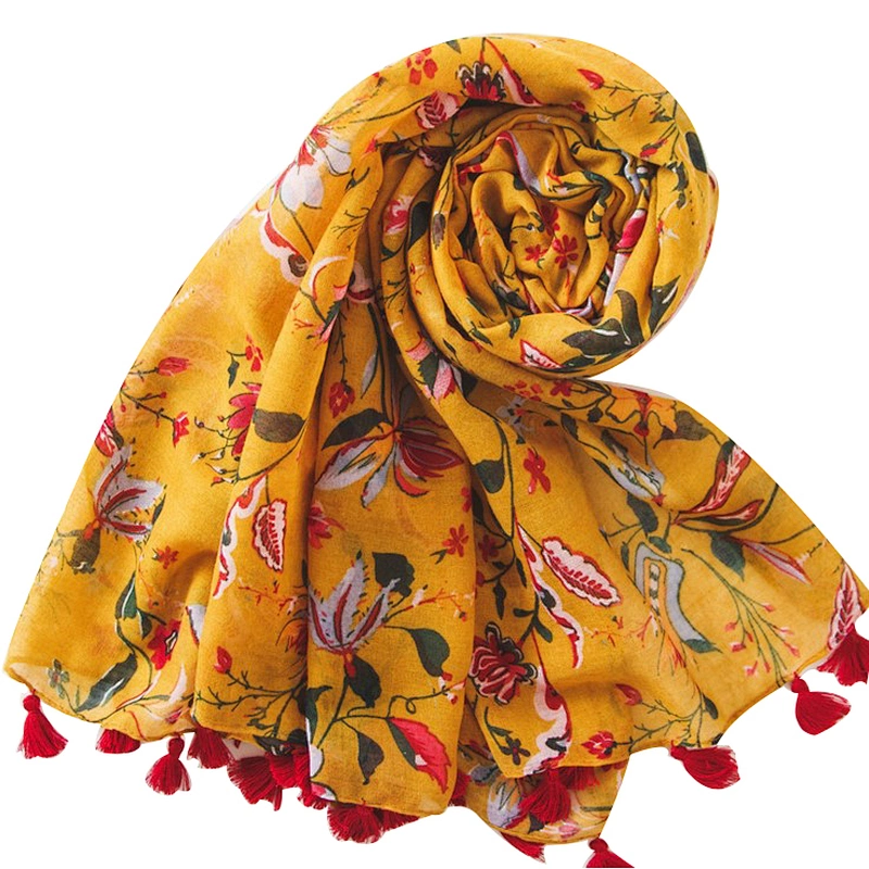 Ethnic style scarf female turmeric floret printing cotton and linen sunshade shawl beach towel scarf