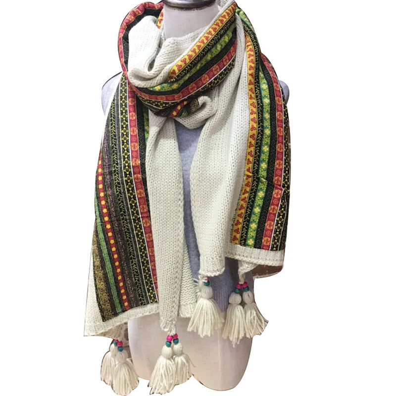 New ethnic style long knit wool scarf  printed lady tassel shawl winter warm scarf