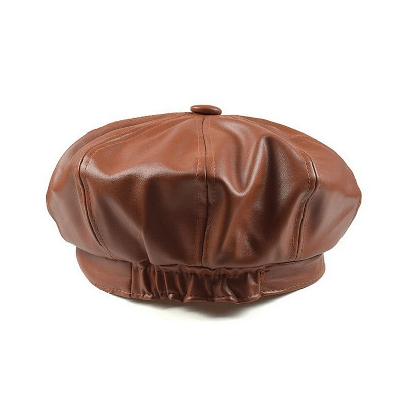 Retro PU leather painter hat octagonal hat handsome wild pumpkin hat solid color beret