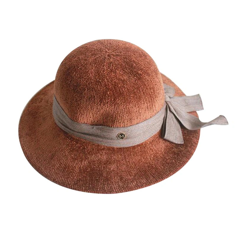 Lady fashion style design ribbon fedora chenille winter hat