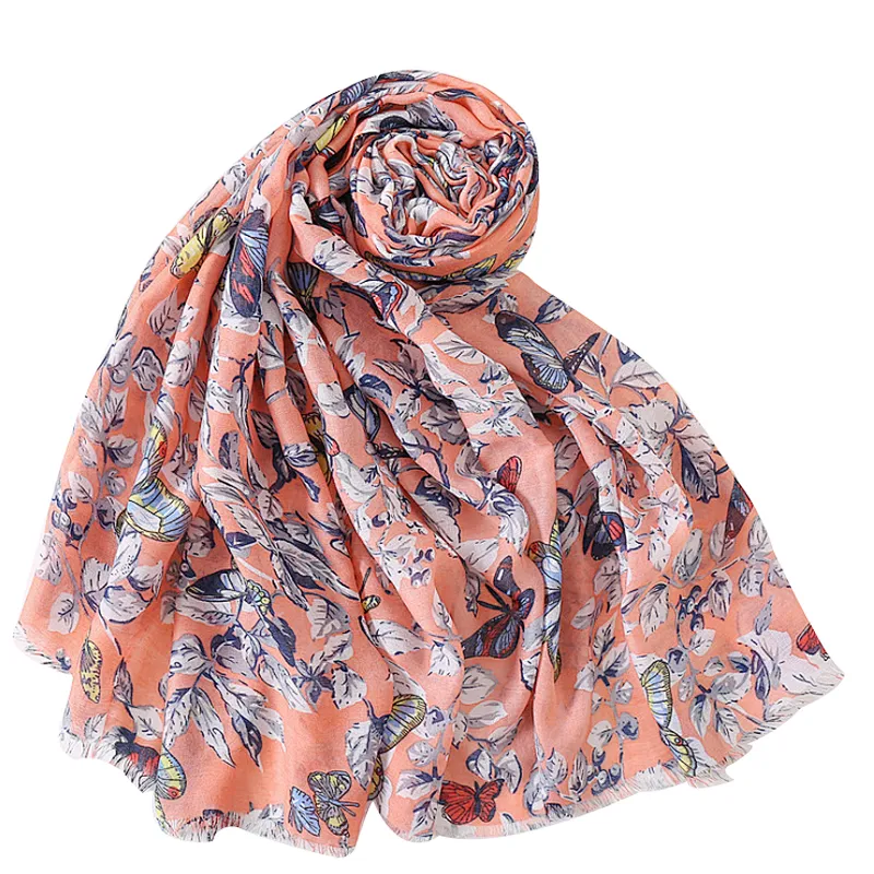Woman's butterfly print satin cotton and linen spring and summer vacation beach towel scarf