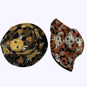 Leopard Print Kitty Summer Big Brim Bucket Hat Double-sided Folding Cap