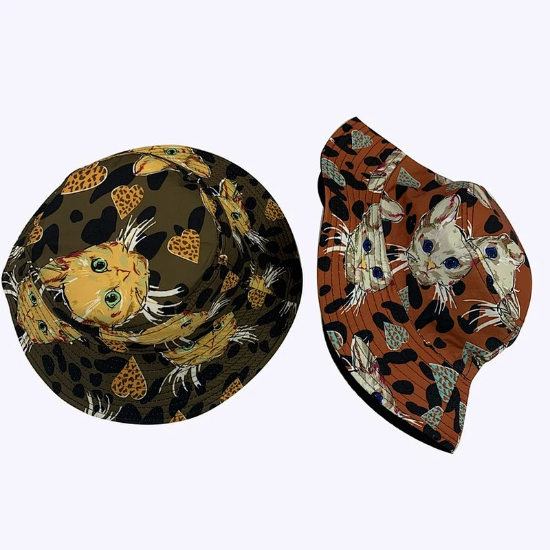 Leopard Print Kitty Summer Big Brim Bucket Hat Double-sided Folding Cap