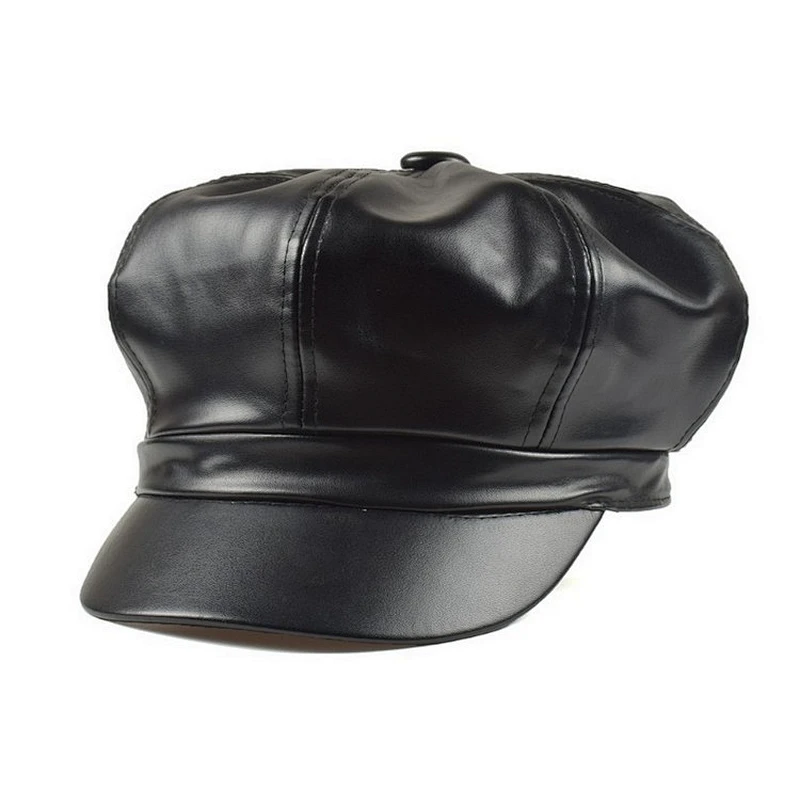 Retro PU leather painter hat octagonal hat handsome wild pumpkin hat solid color beret