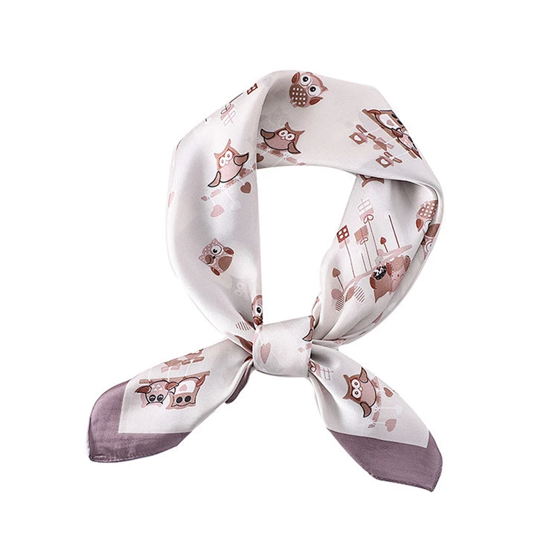 Custom wholesale fashion ladies cartoon owls pattern printed silk square scarf