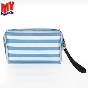 Customized Leather Stripes Zipper Cosmetic Bag Travel Makeup Bag