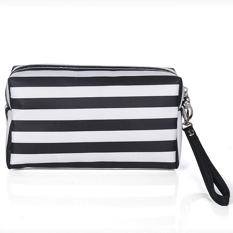 Customized Leather Stripes Zipper Cosmetic Bag Travel Makeup Bag