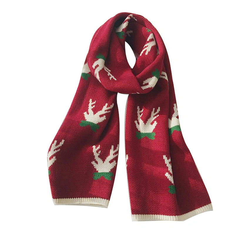Christmas knitted wool scarf female  red green deer winter long thick  versatile scarf