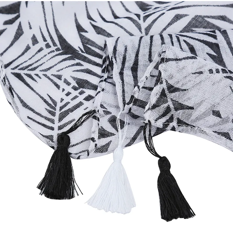 Black and white leaf shawl fashionable long handmade tassel hanging scarf outdoor sunshade beach towel