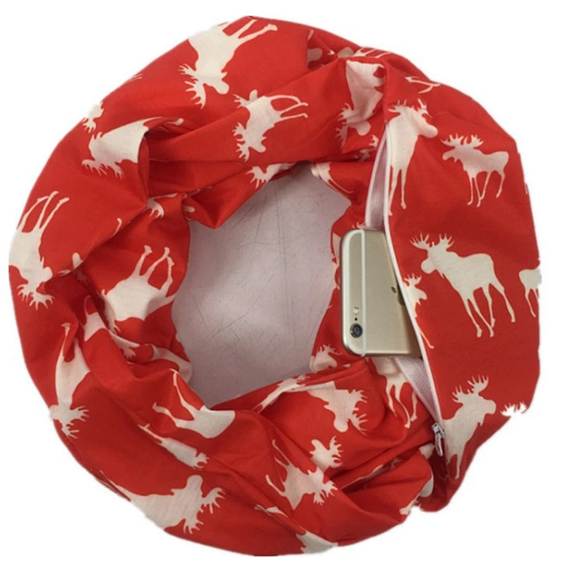 Christmas cute moose print zipper pocket scarf