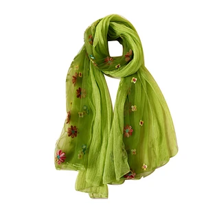 Top quality women charmeuse scarves custom made flower embroidery silk scarf
