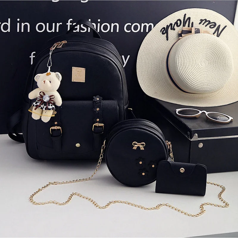Fashion Backpack Women PU Leather Backpack Set 3 Pcs in 1 For Girls