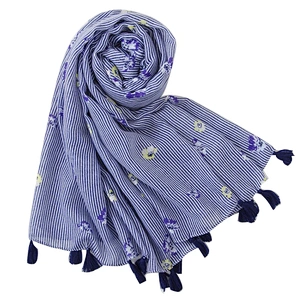 New fashion rural style blue broken flower stripe printing  silk scarf travel beach towel scarf
