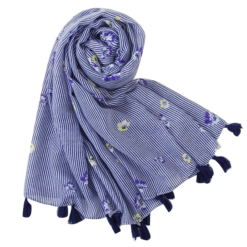 New fashion rural style blue broken flower stripe printing  silk scarf travel beach towel scarf