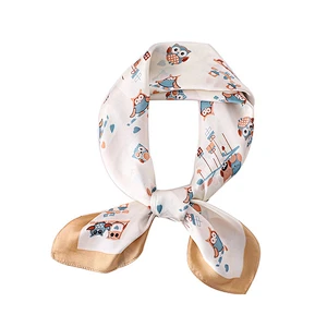 Custom wholesale fashion ladies cartoon owls pattern printed silk square scarf