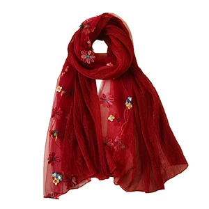 Top quality women charmeuse scarves custom made flower embroidery silk scarf