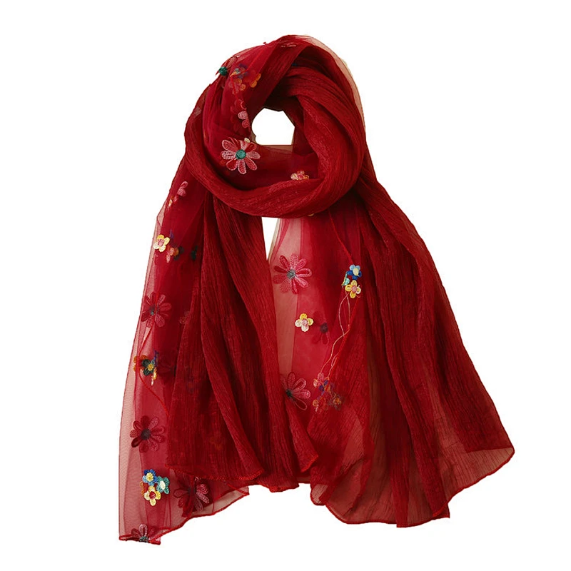 Top quality women charmeuse scarves custom made flower embroidery silk scarf
