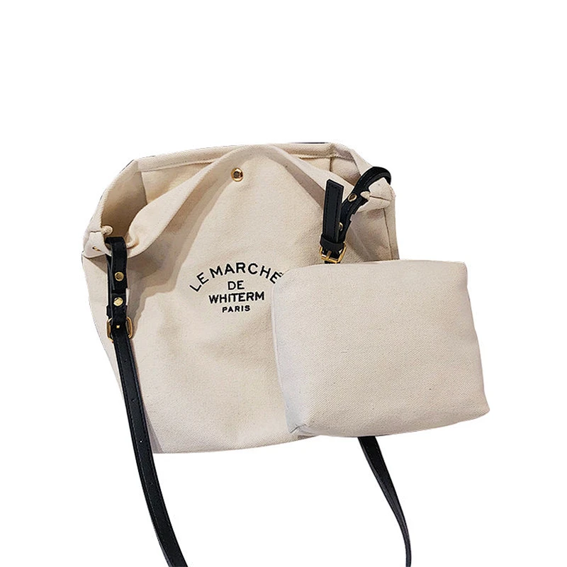 Promotional custom print cotton canvas zipper messenger bag with adjustable leather rope