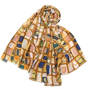 New design woman long rolled edges satin printed scarf