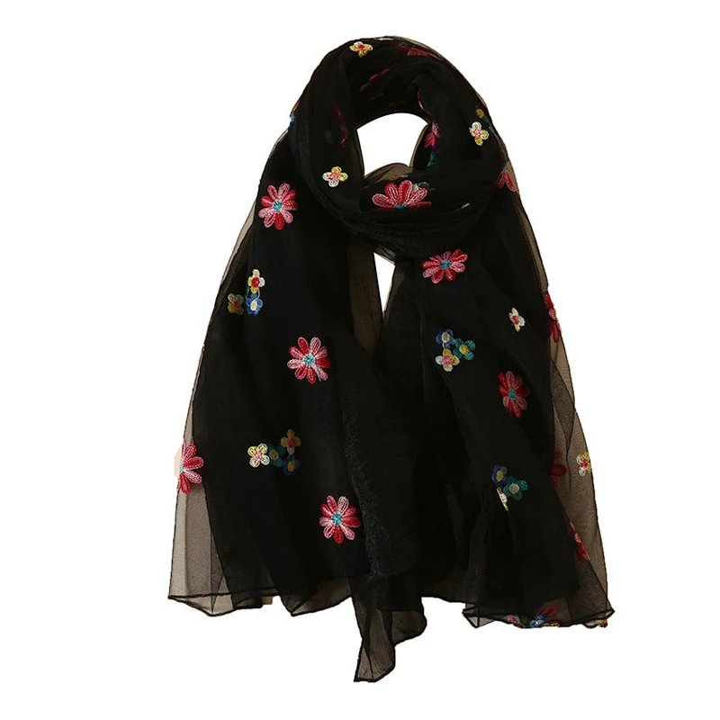 Top quality women charmeuse scarves custom made flower embroidery silk scarf