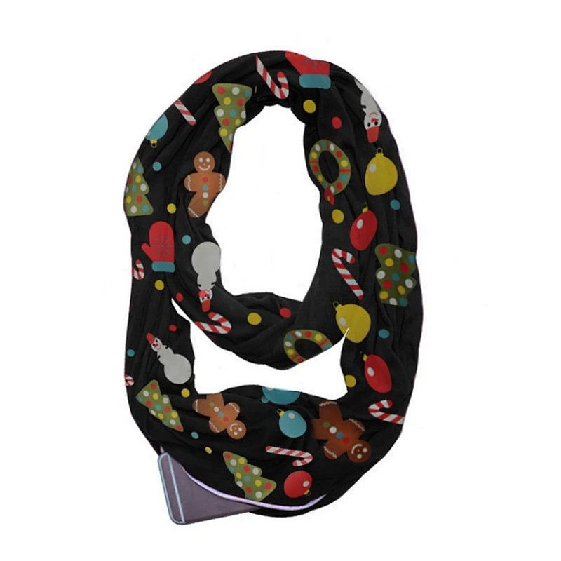 Christmas cute print unlimited neck storage zipper pocket scarf