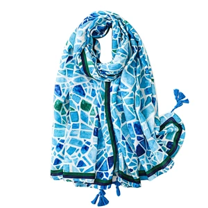European style ocean blue fashionable geometric marble print sunshade scarf