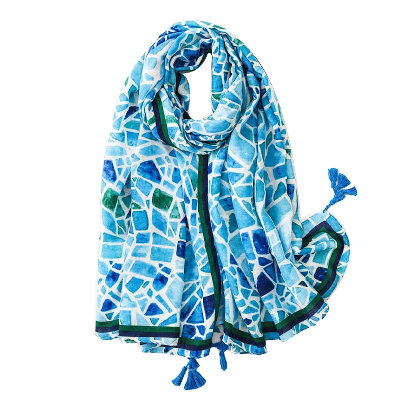 European style ocean blue fashionable geometric marble print sunshade scarf