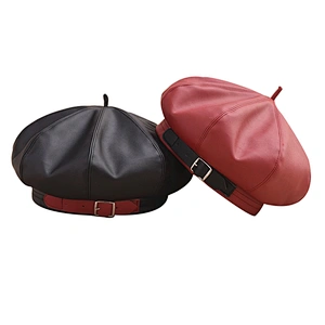 England Fashion PU Leather Beret Pumpkin Painter Hat Autumn Winter Buckle Hat