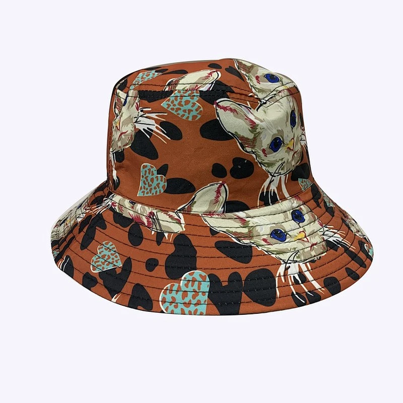 Leopard Print Kitty Summer Big Brim Bucket Hat Double-sided Folding Cap