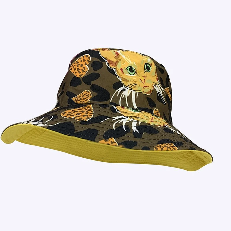 Leopard Print Kitty Summer Big Brim Bucket Hat Double-sided Folding Cap