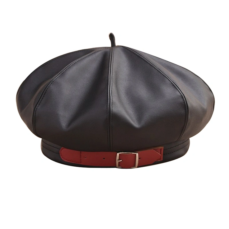 England Fashion PU Leather Beret Pumpkin Painter Hat Autumn Winter Buckle Hat