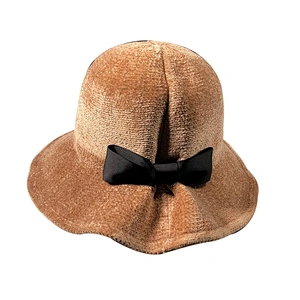 Women Solid Color Winter Hat 100% Chenille Cloche Bucket with Bow