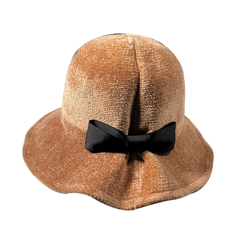 Women Solid Color Winter Hat 100% Chenille Cloche Bucket with Bow