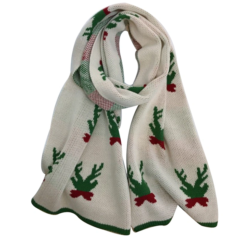 Christmas knitted wool scarf female  red green deer winter long thick  versatile scarf