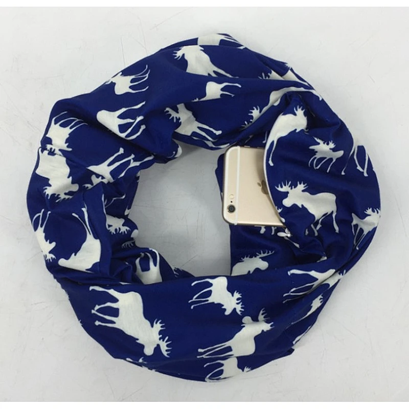 Christmas cute moose print zipper pocket scarf