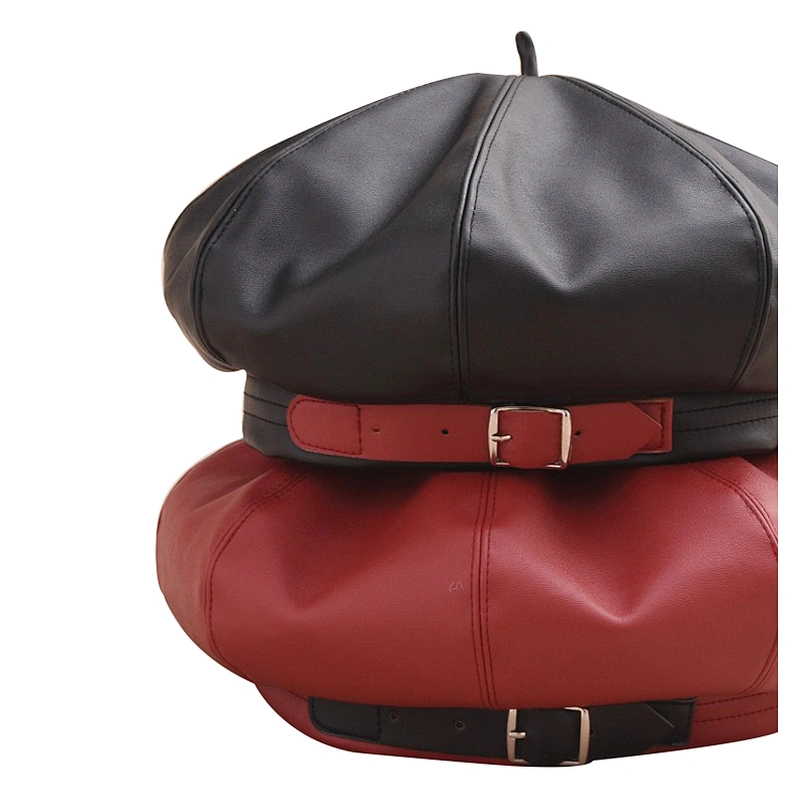 England Fashion PU Leather Beret Pumpkin Painter Hat Autumn Winter Buckle Hat