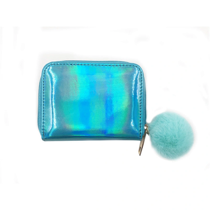 Waterproof Leather Wallet Ladies Purse With Pom pom Ball Mini Glitter Shiny Wallet For Women