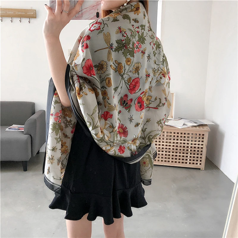 Wholesale custom printed floral 100% silk muslim scarf shawl for women