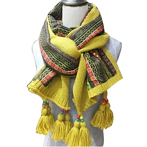 New ethnic style long knit wool scarf  printed lady tassel shawl winter warm scarf