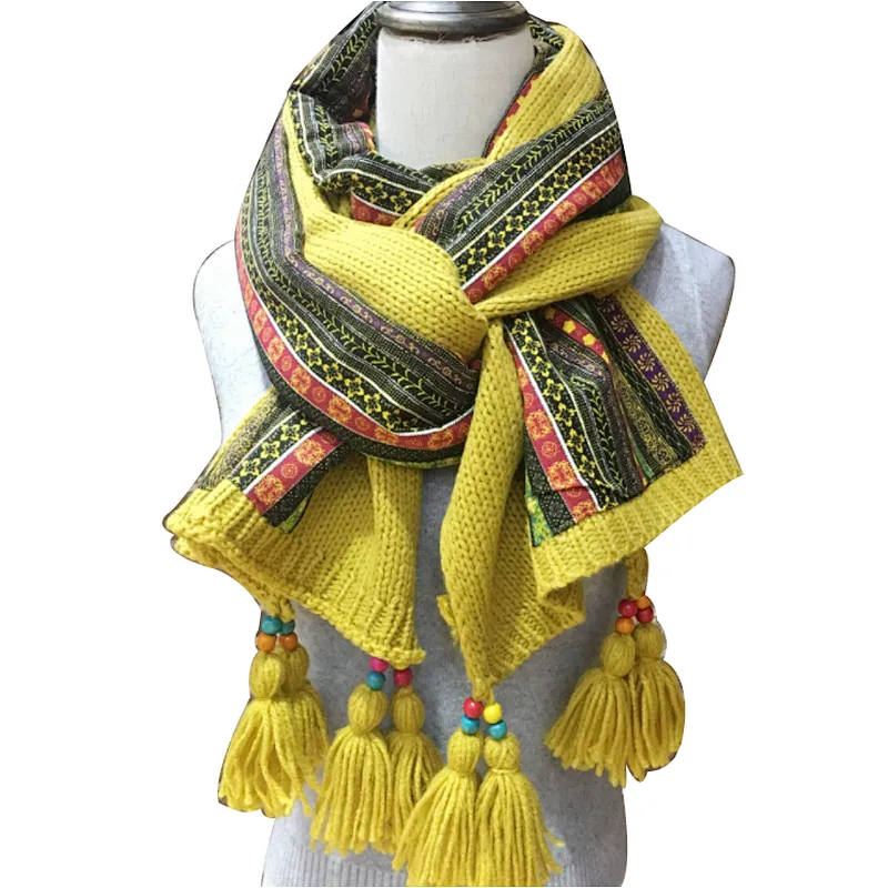New ethnic style long knit wool scarf  printed lady tassel shawl winter warm scarf