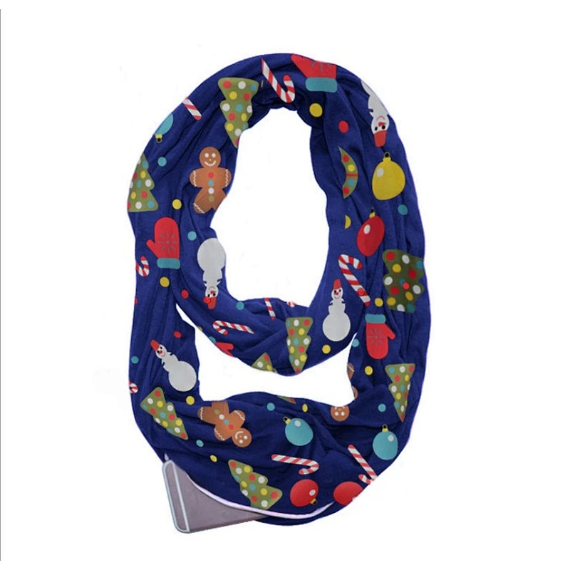 Christmas cute print unlimited neck storage zipper pocket scarf