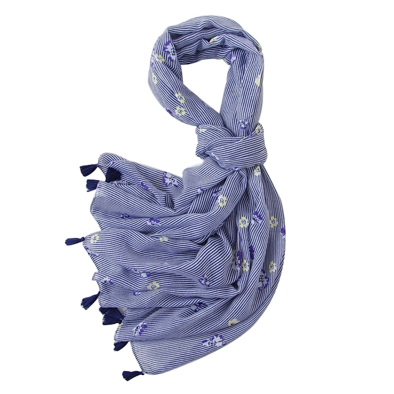 New fashion rural style blue broken flower stripe printing  silk scarf travel beach towel scarf