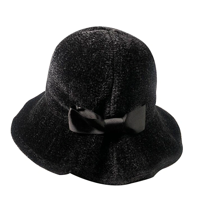 Women Solid Color Winter Hat 100% Chenille Cloche Bucket with Bow
