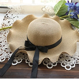 High Fashion Lady Beach Sun Paper Straw Hat With Wide Brim Polyester Printed Riobbon Bow Knot