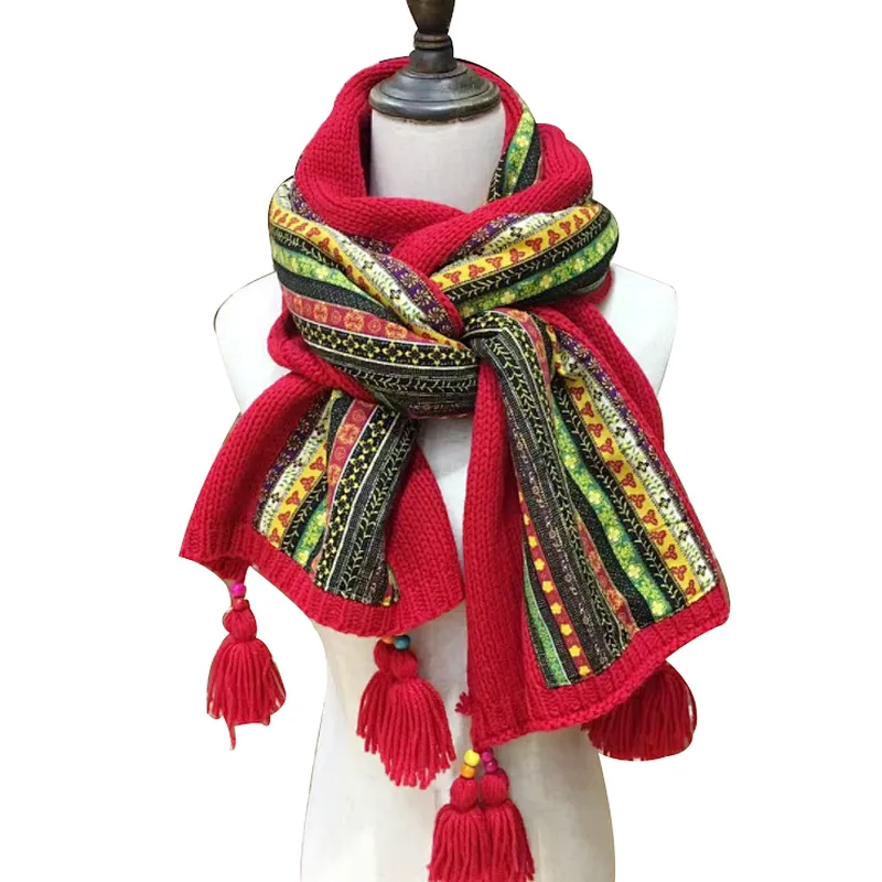 New ethnic style long knit wool scarf  printed lady tassel shawl winter warm scarf