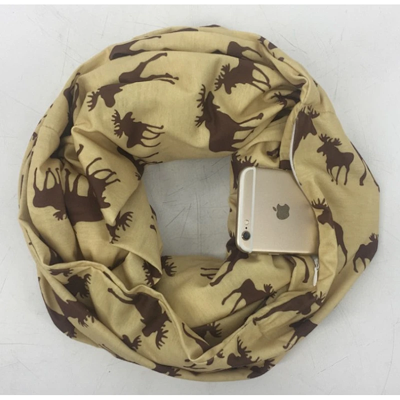 Christmas cute moose print zipper pocket scarf