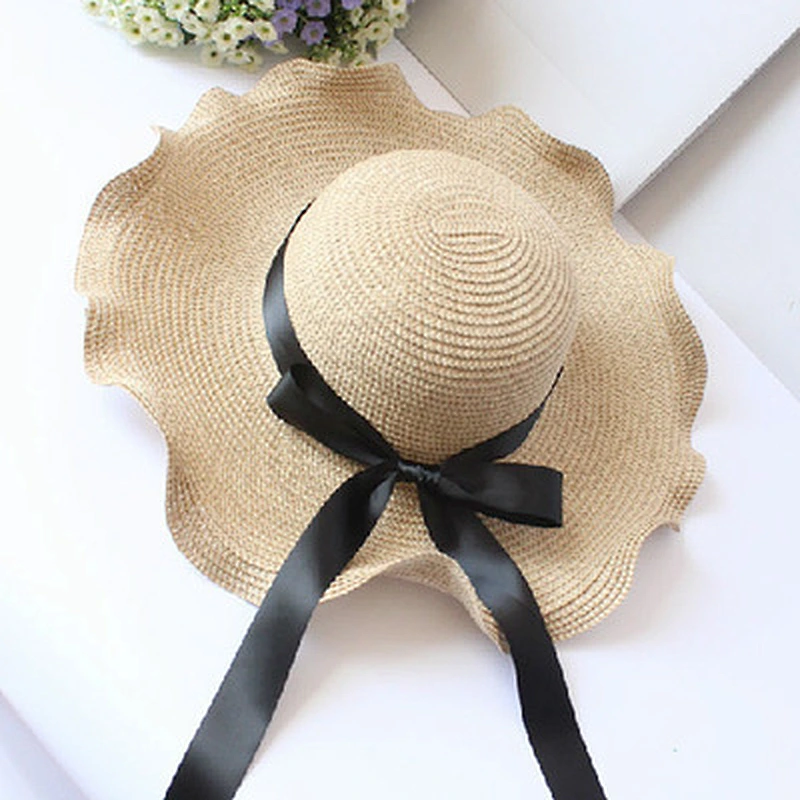 High Fashion Lady Beach Sun Paper Straw Hat With Wide Brim Polyester Printed Riobbon Bow Knot