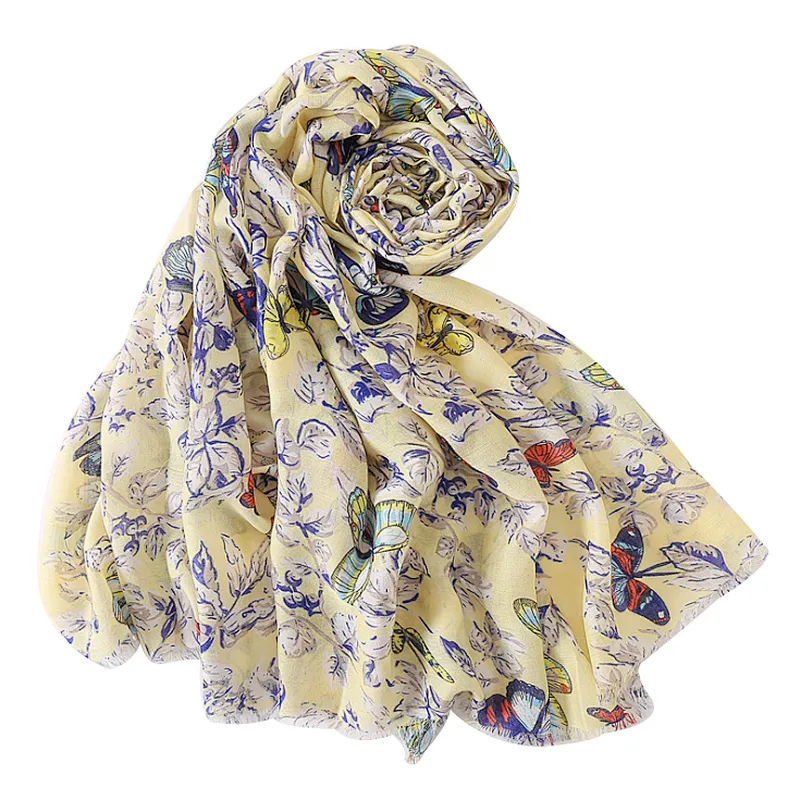Woman's butterfly print satin cotton and linen spring and summer vacation beach towel scarf