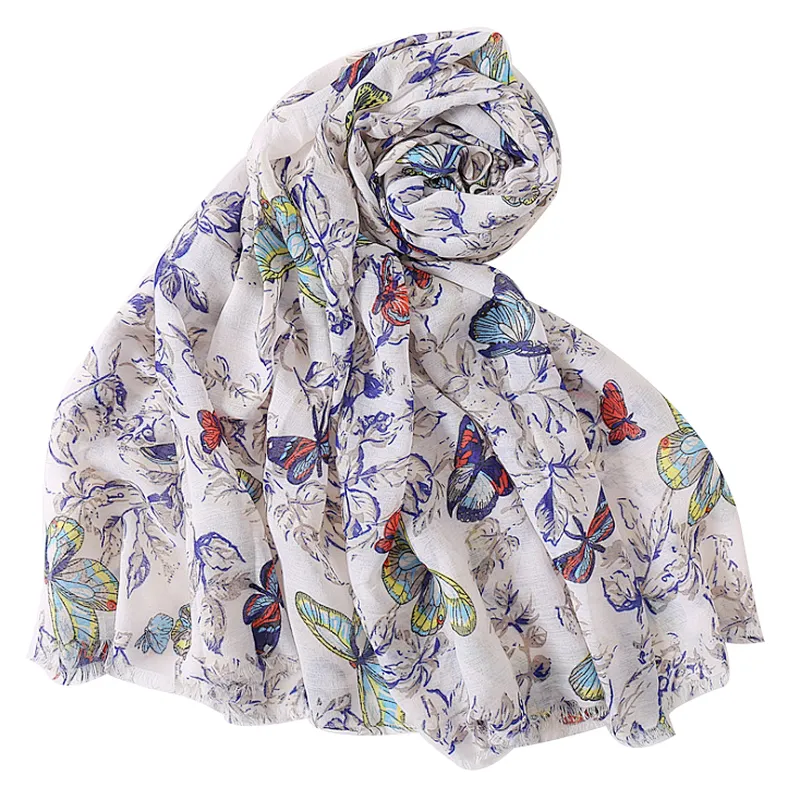 Woman's butterfly print satin cotton and linen spring and summer vacation beach towel scarf