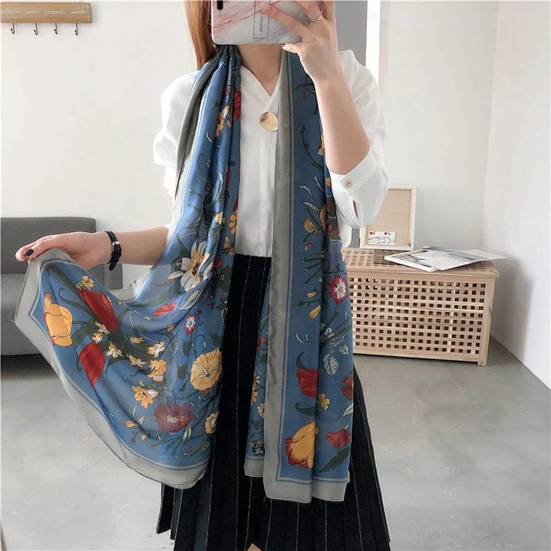 Wholesale custom printed floral 100% silk muslim scarf shawl for women
